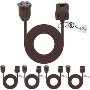 Kanayu 5 Pack 12 ft Brown Indoor Extension Cord 2 Prong Electric Cord Extender, Wire Plug in and End, Ac 120 Volts, for Outdoor Christmas Connect or Extend String Lights