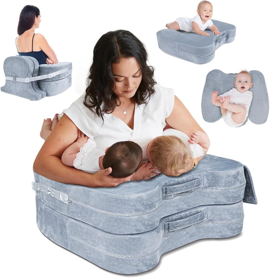 Nursing & Lounge Pillow for Twins, Breastfeeding Pillow Plus Size for Baby with Back Support and Adjustable Height, Multifunctional Baby Breast Feeding Pillow for Twin 0-12 Months - Grey