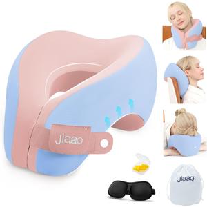 jiaao Neck Pillow Airplane, Memory Foam Travel Neck Pillows for Long Flight, 3D Eye Masks, Ear Plugs and Portable Drawstring Bag, Napping Pillow for Home, Road Trips, Sleep Rest and Travel Use
