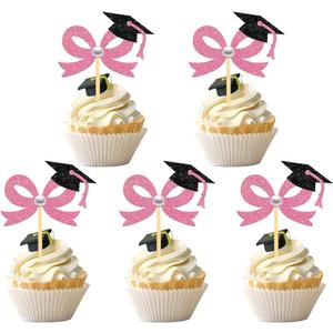 24 Pcs Pink Bow Graduation Cupcake Toppers, Grad Bow Cupcake Picks- Class of 2026 Cupcake Toppers for Graduation Party Decorations (Pink)