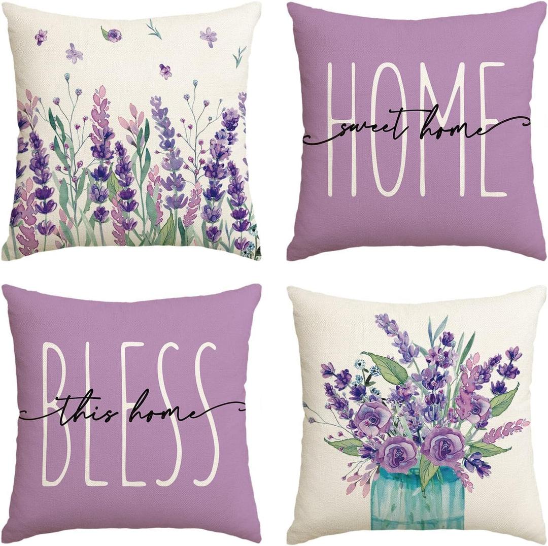Spring Pillow Covers, Lavender Purple Throw Pillow Cases 18x18 Inch, Summer Seasonal Farmhouse Decorations for Sofa Couch, Home Sweet, Polyester Cushion Cases Set of 4