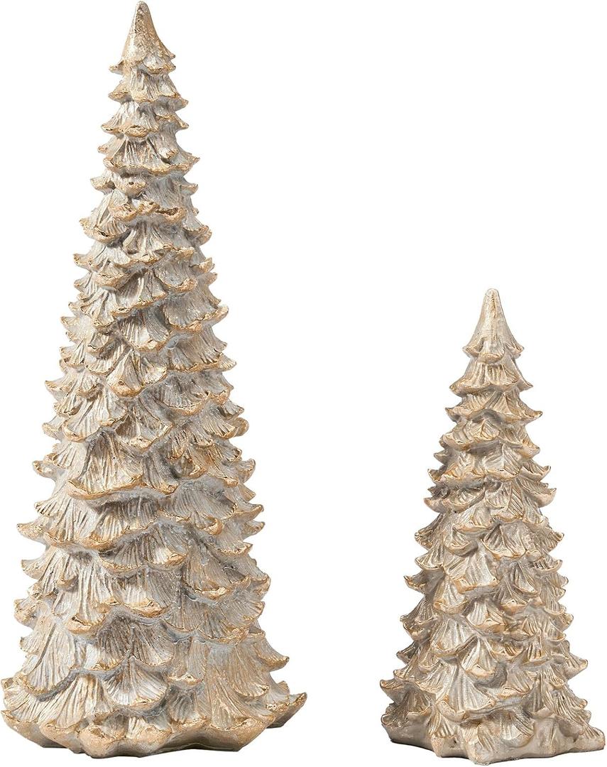 DN DECONATION Christmas Tree Figurines, Set of 2 Glitter Tabletop Xmas Trees Statues, Elegant Resin Pine Tree Decor for Mantel, Desk & Holiday Centerpieces