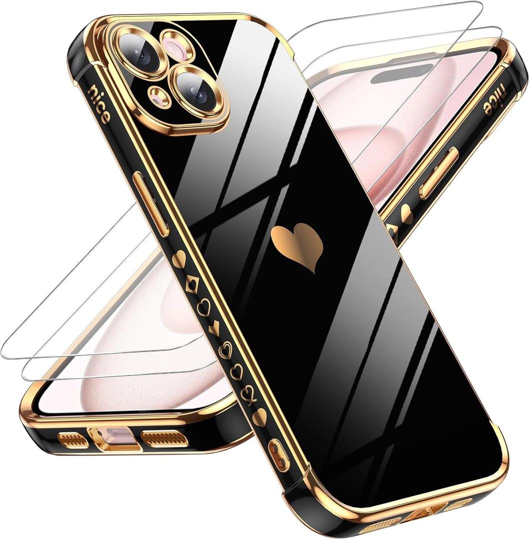 LeYi for iPhone 15 Case: with Tempered Glass Screen Protector [2 Pcs]+ Full Camera Lens Protection,Love Heart Plating Women Cute Luxury Soft TPU Shockproof Case for iPhone 15,Black 9Pcs