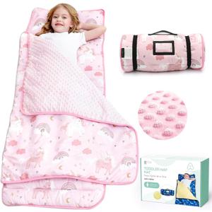 ACRABROS Toddler Nap Mat with Pillow and Blanket, Large Rolled Napping Mats,Slumber Bags for Boys Girls,Kids Sleeping Bag for Daycare, Preschool Travel (Unicorn)