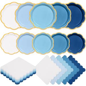 150 Pcs Blue Plates and Napkins Tableware Serves 50, 9 Inch & 7 Inch Gradient Blue Scalloped Edges Paper Plate and Napkins Set for Wedding Baby Shower Bridal Shower Birthday Party