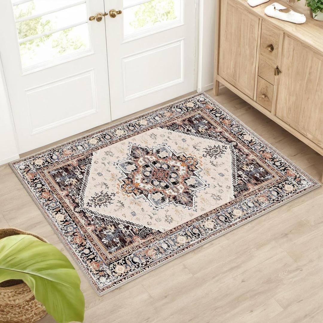 BESTSWEETIE 2x3 Area Rugs for Living Room Washable Non Slip Carpet Low Pile Soft Vintage Print Pattern Rug for Bedroom Dining Room Kitchen Entryway Indoor-Khaki/Beige/Purple/Black/Brick