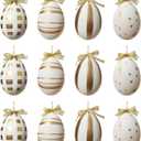 DN DECONATION 12Pcs Vintage Easter Eggs Ornaments Set, White Plastic Hanging Decor with 4 Gold Patterns & Bow for Tree, Spring Home Decor, Table Centerpiece, Easter Basket Filler, Luxury Gift Set