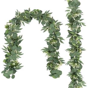 TOCHGREEN 5.9FT Eucalyptus Garland Artificial Vines Fake Greenery Garland with Gypsophila and Willow Leaves Faux Hanging Plants for Wedding Home Party Table Wall Decor (2pcs)