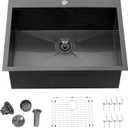 25 x 22 Inch Black Kitchen Sink, Top mount Drop In Stainless Steel Single Bowl Kitchen Sink, 16 Gauge Extra-Thick Modern Bar Prep RV Laundry Sinks with Dish Grid and Basket Strainer