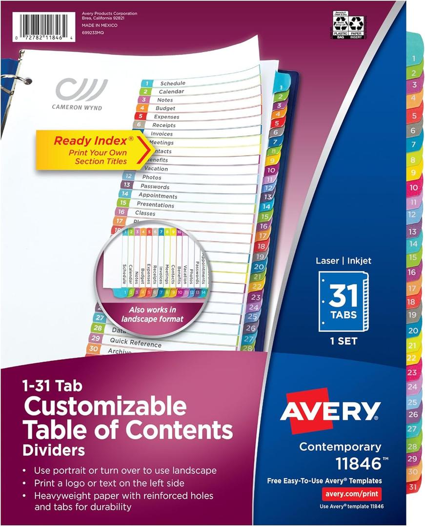 Avery 1-31 Dividers for 3 Ring Binders, 31 Tabs per Set, Customizable Table of Contents, Multicolor Arched Tabs, Great for Organizing Reports, Projects, and More (11846)