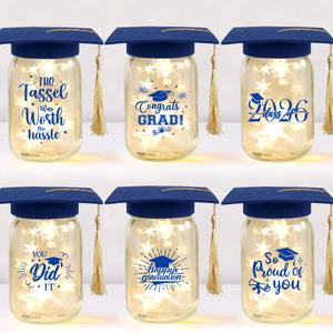 12 Sets 2026 Graduation Centerpieces for Tables, Glowing Mason Jar Centerpieces with Graduation Caps, Glowing Money Jars for College High School Congrats Grad Party Decor Supplies (Blue)