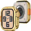 Amizee Metal Case Compatible with Apple Watch SE 3/2/1 Series 6/5/4 44mm with Back Cover, Rugged Protective Bumper Cover for iWatch 44mm, Gold