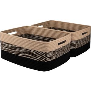 Large Storage Basket for Organizing, Woven Rope Basket for Shelves, Closet Organizer Bins for Clothes, Blanket, Toys, Baby Nursery Storage, 17.7" x 13" x 7.87", 2 Packs Black & Brown
