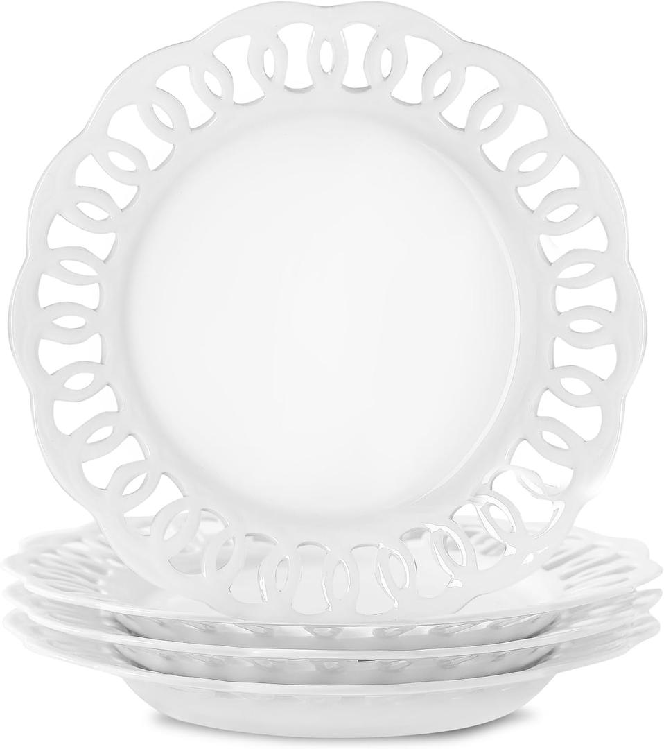 4 Pack 10" Dinner Serving Plates with Lace Rim, New Bone Porcelain Round Tableware Plates with Unique Hollow Out Design Scolloped Edge, White Dishes for Daily Use or as an Excellent Plate Idea