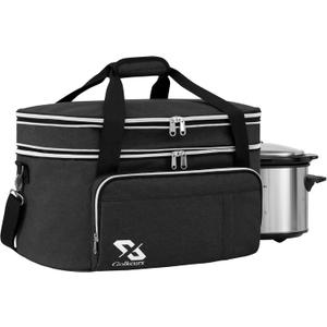 Golkcurx Double Layer Slow Cooker Bag for 6-8 Quart Oval CrockPot and Hamilton Beach Models, with Padded Adjustable Strap, Top Zip Compartment, and Front Pocket for Utensils(Bag Only) (Black)