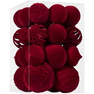 30pcs Velvet Christmas Ball Ornaments, Flocked Shatterproof Christmas Ornaments Hanging Xmas Tree Decorations Set for Home Party Holiday Decor (MultiSize, Burgundy)