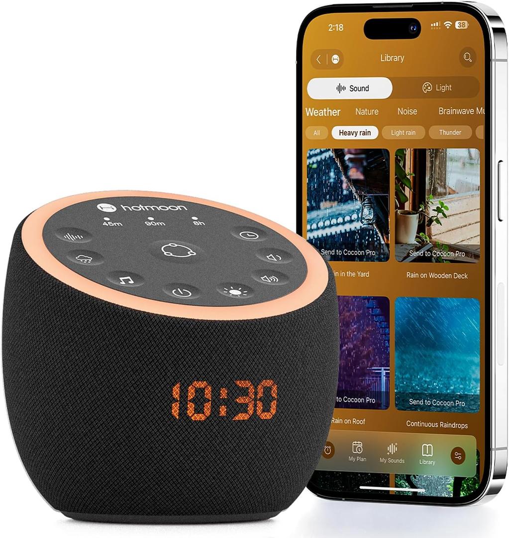 Hotmoon Sound Machine, Cocoon Pro 2 White Noise Machine for Sleeping Adults, 388 Non Looping Sounds & Sleep Timer, Smart App Control Night Light, Nature Sound Pink Green Brown Noise Maker, Plug in (Medium, Black)