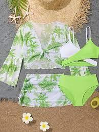 Verdusa Girl's 4 Piece Swimwear Crisscross Bikini Sets with Tropical Print Cover Up Lime Green 9Y