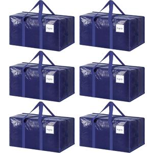 6 Pack Extra Heavy Duty Large Moving Bags with Strong Zipper & Comfortable Handles, Sturdy & Durable Clothes Storage Bags Totes Bins, Blue Packing Moving Boxes for College Supplies, Dark Blue