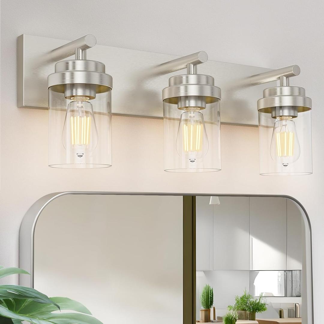 IZORRO Bathroom Vanity Light Fixture, 3-Light 22 Inch Brushed Nickel Bathroom Light Fixtures Over Mirror, with Clear Glass Shade, Modern Farmhouse Vanity Lights, Rustic Restroom Lighting Fixtures