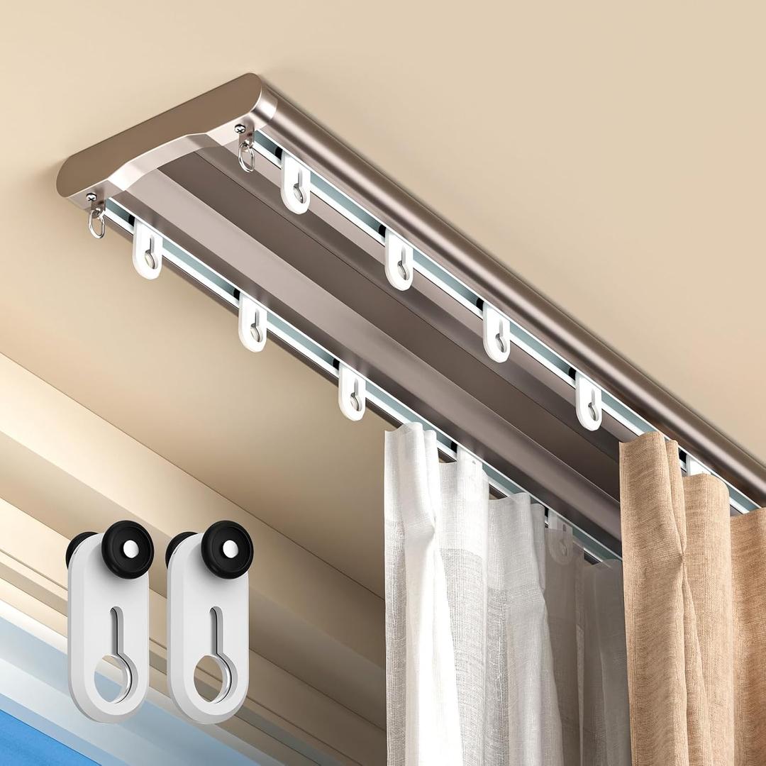 Double Curtain Track Ceiling Mount, Silent Aluminum Track Curtain Rail, Heavy-Duty Double Row Ceiling Curtain Tracks Rod Sliding Rails for Curtains, Ceiling Track for Living Room Bedroom(3ft)