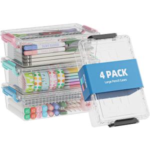 BiuLeon 4 Pack Extra Large Pencil Box, Plastic Pencil Case Organizer, Clear Crayon Box Marker Organizer, Stackable Craft Organizers and Storage for Pen, Craft, Art Supply(Green/Blue/Pink/Black)