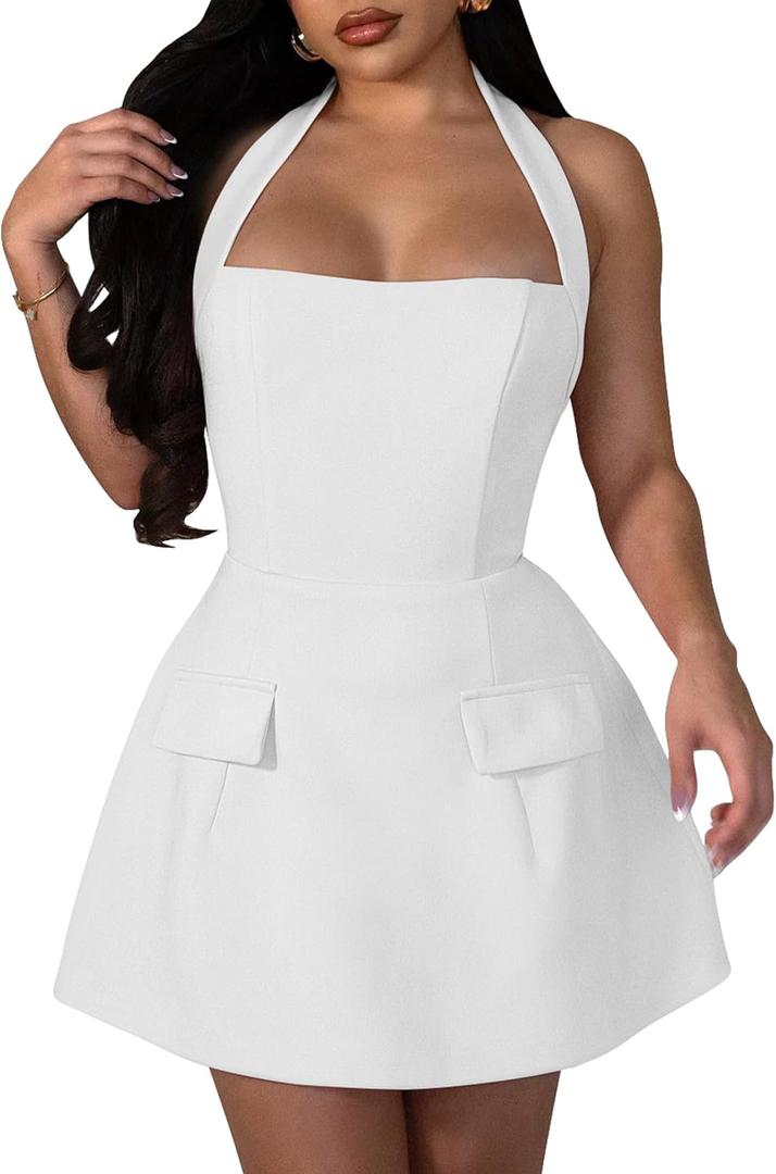YMDUCH Women's Sexy Sleeveless Halter Neck Backless Cocktail Party A-Line Mini Dress (White, L)