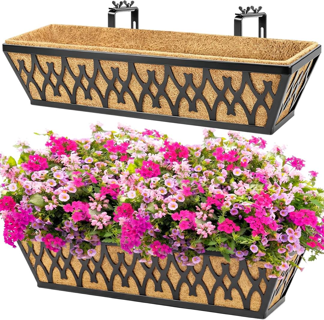 2 Pack 24 Inch Window Boxes Planters Railing Planter Box with Adjustable Brackets for Porch Fence Patio Balcony Hanging Flower Baskets with Coco Liners for Outdoor Garden Dcor - Black