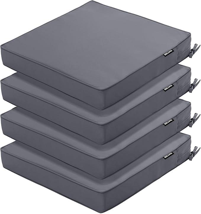 4 Pack Outdoor Chair Cushions 19 x 19 Inch Waterproof Patio Chair Cushions with Tie 5 Year Color Fastness Thick Outdoor Seat Cushion for Garden Lawn Patio Furniture Dark Grey