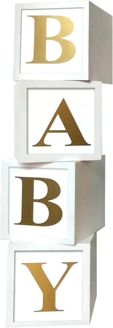 Baby Shower Boxes Party Decorations - 4pcs Stereoscopic White Gold Boxes with Gold Baby+A-Z Letters,Babe Balloon Party Box Blocks for Teddy Bear BabyShower,Boy Girl 1st Birthday Parties Backdrop