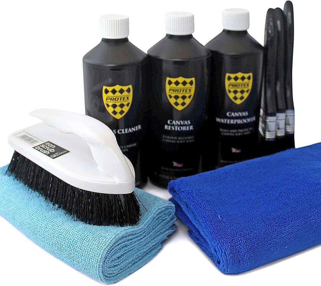 PROTEX Convertible Soft Top Care Kit with Canvas Cleaner, Restorer (Black) & Waterproofer - 1Ltr., Giant Microfibre Towel, Brushes and Microfibre Clothes - COMPLETE KIT.