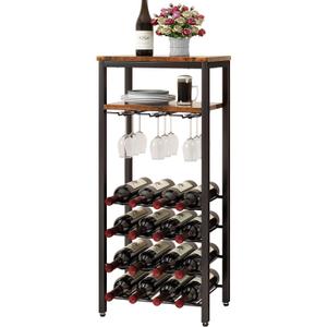IBUYKE Wine Racks Freestanding Floor,Liquor Bottle Holder,16 Bottles Wine Cabinet with Glass Holder,Wine Holder Display,Mini Wine Bar Table for Living Room,Kitchen Pantry,Dining Room,Brown UTMJ907H (15.7x11x38.5 inch)