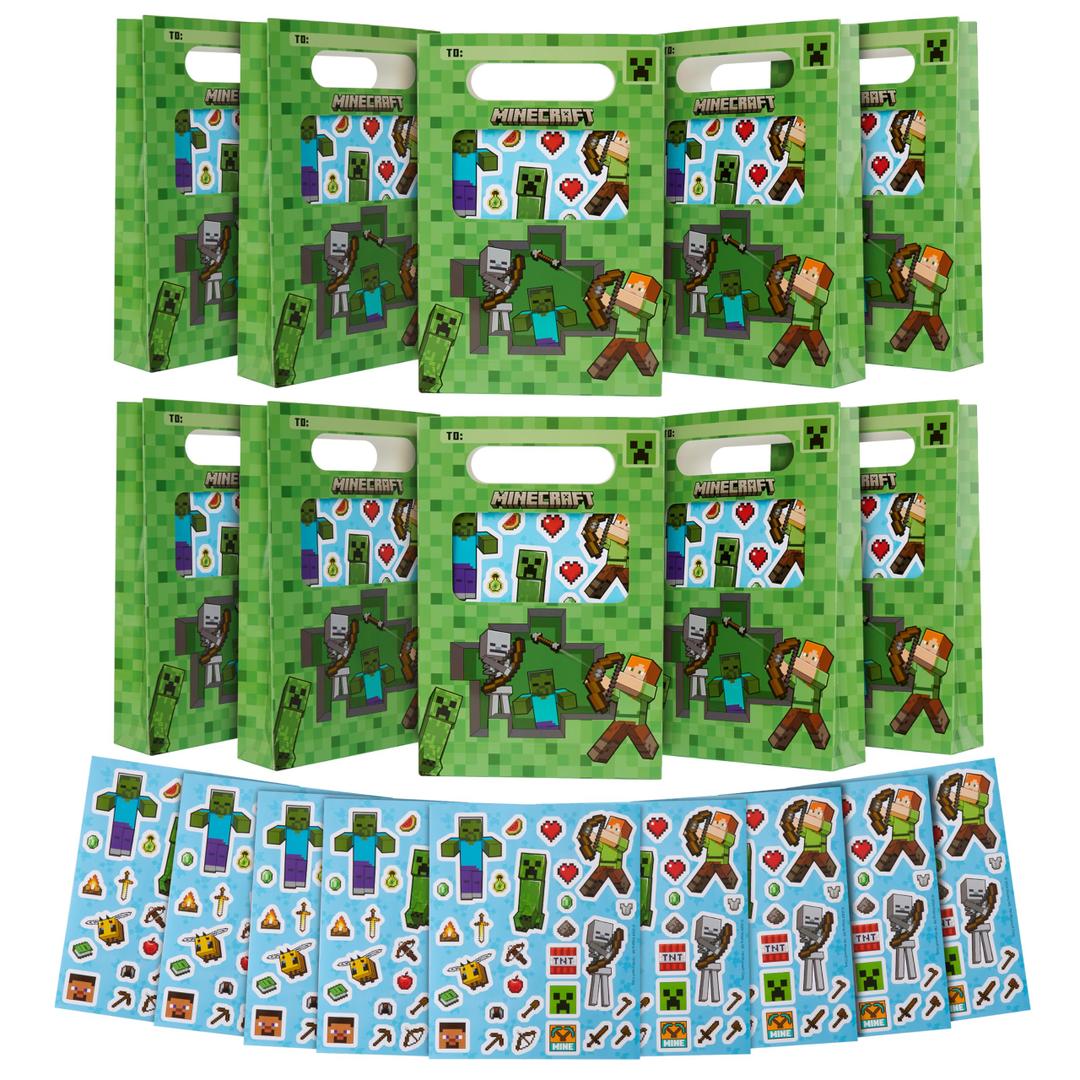 Get Trend Minecraft Gift Bags for Kids with Sticker Sheets, 10 Pack Small Paper Party Favor Goodie Bags with Handles, Creeper Treat for Kids, Boys & Girls Birthday Party Decoration Supplies