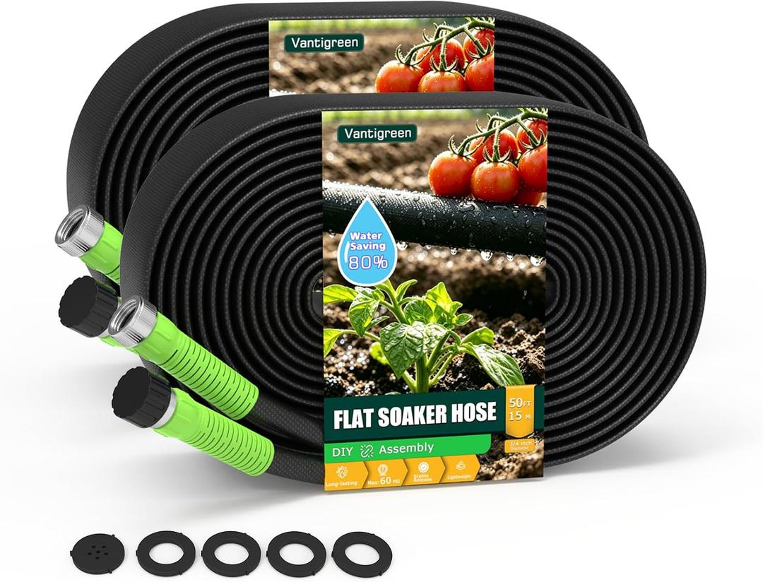 Flat Soaker Hose 100FT for Garden, 2Pack 50FT Upgrade Drip Irrigation Hose with Anodized Metal Ends and Heavy Duty Double-Layer, Leakproof & Flexible Water Saving 80% Hose for Lawn, Beds, Vegetable