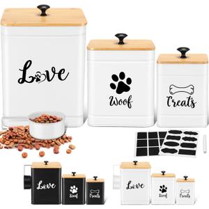 Metal Dog Treat Containers Set of 3 with Bamboo Lids and Spoon Airtight 7+3+2 lbs Dog Food Snack Jars with DIY Labels Big Pet Cookie Storage Jar for Kitchen Counter (Modern, White)