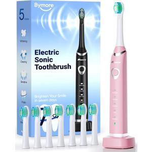 Bymore Electric Toothbrush for Adults,Travel SonicToothbrush with 8 Replacement Heads, Ultra Clean RechargeableToothbrush Portable Electric Toothbrush-Pink (1 Count (Pack of 1))