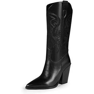 ISNOM Cowboy Boots Cowgir Boots for Women, Pointed Toe Chunky Heel Western Boots, 9.5