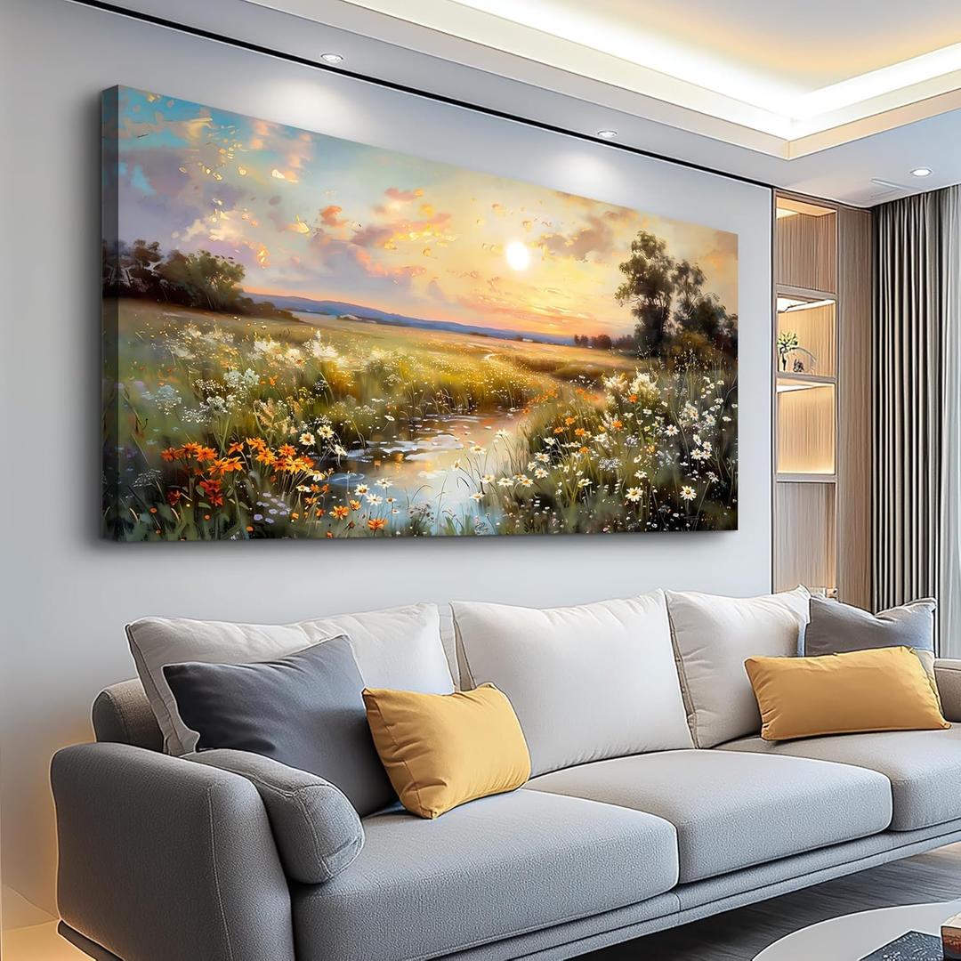 hyidecorart Canvas Wall Art For Living Room Wall Decor For Bedroom Office Decorations Vintage Farmhouse Wildflower Wall Paintings Nature Landscape Picture Artwork Aesthetic Home Decor Ready To Hang (40"L x 20"W, Rural Scenery)