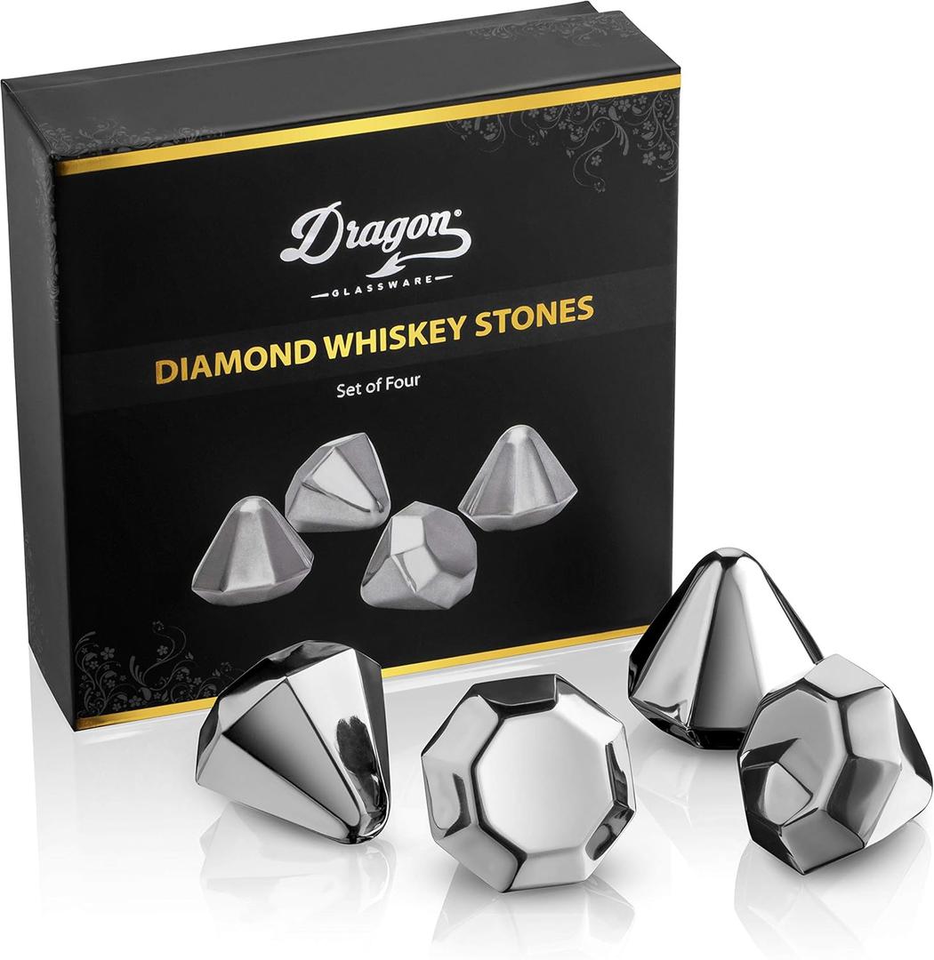 Dragon Glassware Reusable Stainless Steel Ice Cubes for Drinks - Set of 4 Diamond Shaped Whiskey Stones - Dishwasher Safe - Reusable Metal Ice Cube & Won't Dilute Your Beverage