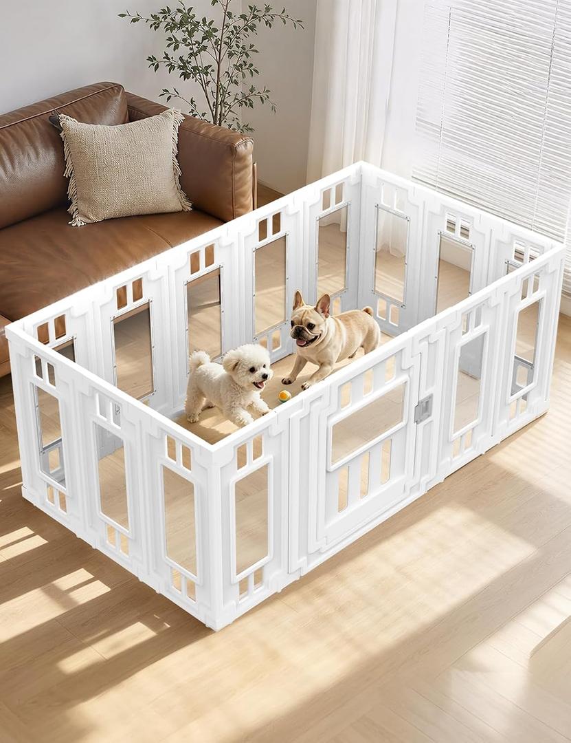 Clear Acrylic Dog Playpen for Indoor 15 Panels HDPE Puppy Playpen with Door | Tool-Free Pet Fence for Easy Setup, 47"x47" Large Clear Dog Playpen with Suction Cup, Transparent play pen for Dogs Cats