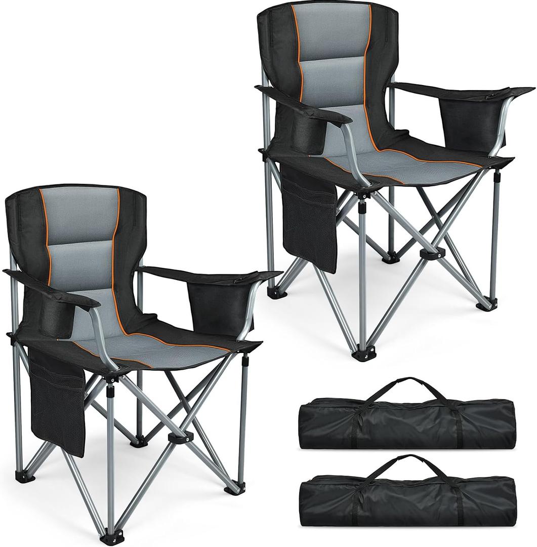 Camping Chairs, 2 Pack Oversized Heavy Duty Fully Padded Outdoor Folding Chairs with Cup Holder, Cooler Bag and Side Pocket, Support 400 LBS, Carry Bag Included, Versatile for Sports,Outdoors & Lawns, 23.6 inches x 23.6 inches x 37.8 inches