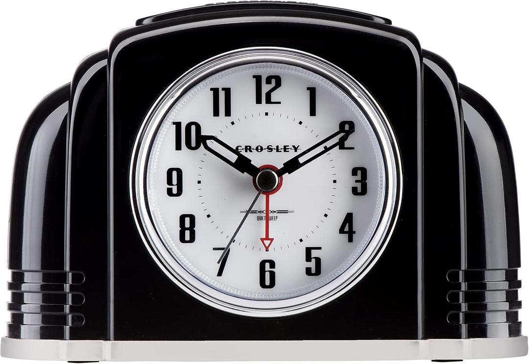 Crosley Vintage Art Deco Analog Alarm Clock, Quiet Ticking, Automatic Dimmable Smart Light, Simple Controls, (Black), Small