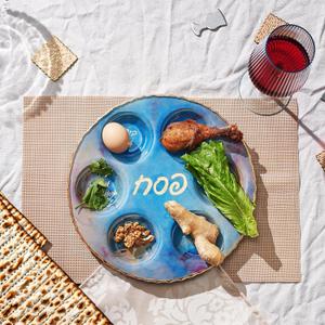 Rite Lite Blue Marble Design Glass Seder Plate for Passover Elegant Round Design with Gold Accents, Hebrew & English Food Labels, Handcrafted 12" Glass Seder Plate, Perfect Pesach Gift