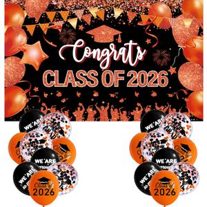 Orange and Black Graduation Decorations Class of 2026 Banner with 18 Pcs Grad Balloons Set - Large Congrats Grad 2026 Graduation Backdrop Decor, Orange Graduate Balloons Grad Party Decorations