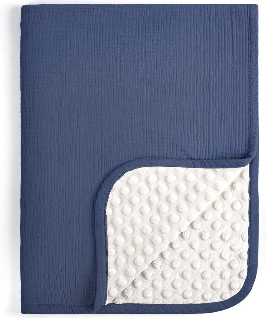lulumoon Baby Blankets for Boys Newborn: Reversible Muslin & Minky Dotted Backing - Thermal Receiving Blanket for Stroller & Registry Gift 30"x40"(Blue)