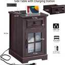 Farmhouse XXL End Table with Charging Station, Side Table with USB Ports and Outlets, Nightstand with Drawer and Glass Door Storage, Cherry Bedside Tables for Living Room, Bedroom, Office, 15.75 x 19.7 x 24.3 inches