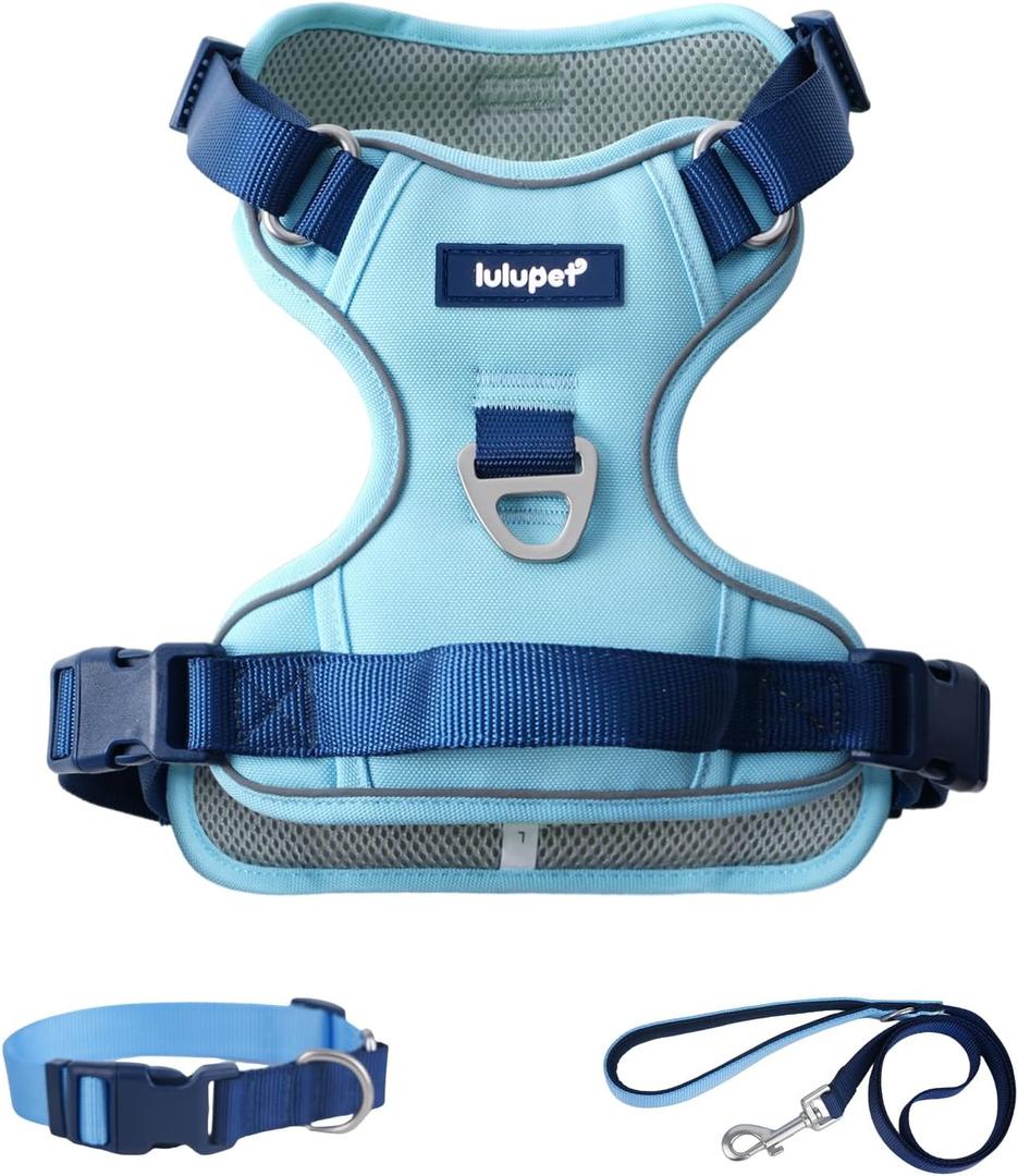 Blue Dog Harness Leash Collar Set, No Pull Reflective Dog Vest Harness with Control Handle, Adjustable Breathable Pet Harness for  Dogs Walking Training, S