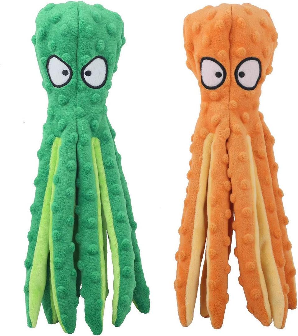 Dog Squeaky Toys Octopus - No Stuffing Crinkle Plush Toys for Puppy Teething, Durable Interactive Chew Toys for Small, Medium and Large Dogs Training and Reduce Boredom, 2 Pack (Orange+Green)