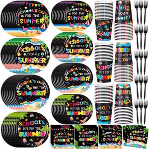 Yungyan 120 Pcs School's out for the Summer Tableware Set End of Year Vacation Disposable Plates Cups Napkins Forks Last Day of School Party Supplies for 24 Guests Tropical Beach Pool Party Favors