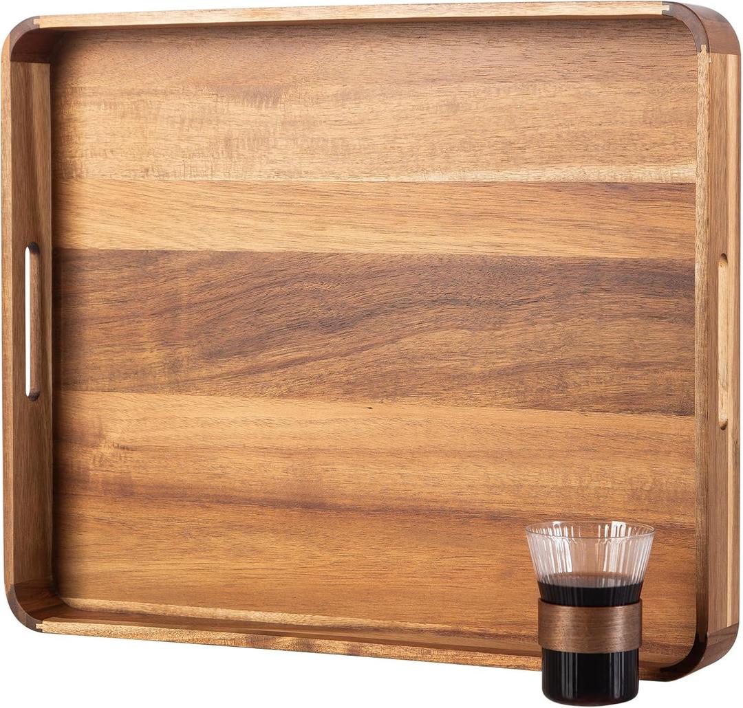 GinSent Wooden Serving Tray with Handles,Rustic Ottoman Tray for Kitchen Counter/Coffee Table/Living Room Decor,Versatile Tray for Party Picnic Barbecue